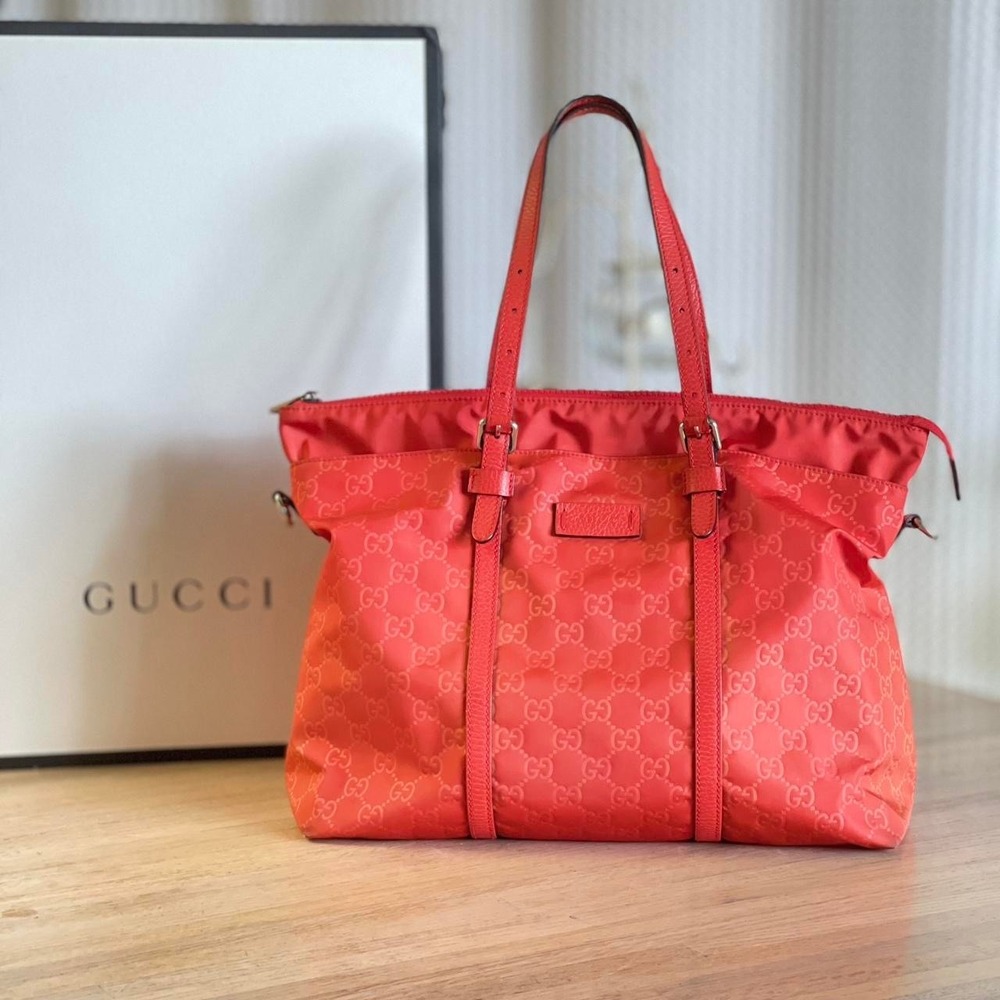Gucci Guccissima Red Orange Nylon Tote Bag Leather Trim‎ Handbag Shoulder Bag